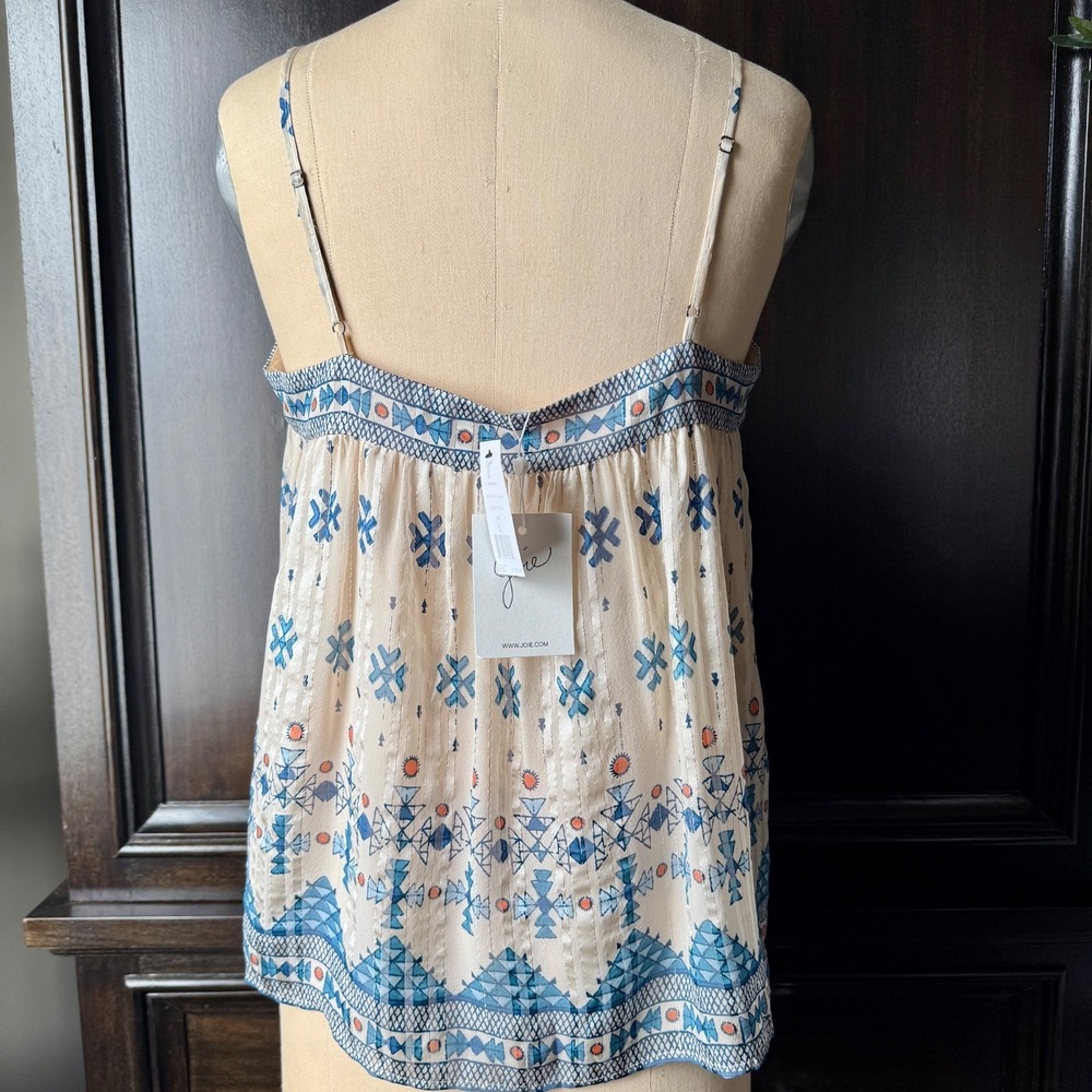 NWT JOIE Rosenda Silk Tank Blouse Aztec‎ Print Cream Blue Metallic Threads L NWT - Picture 4 of 17